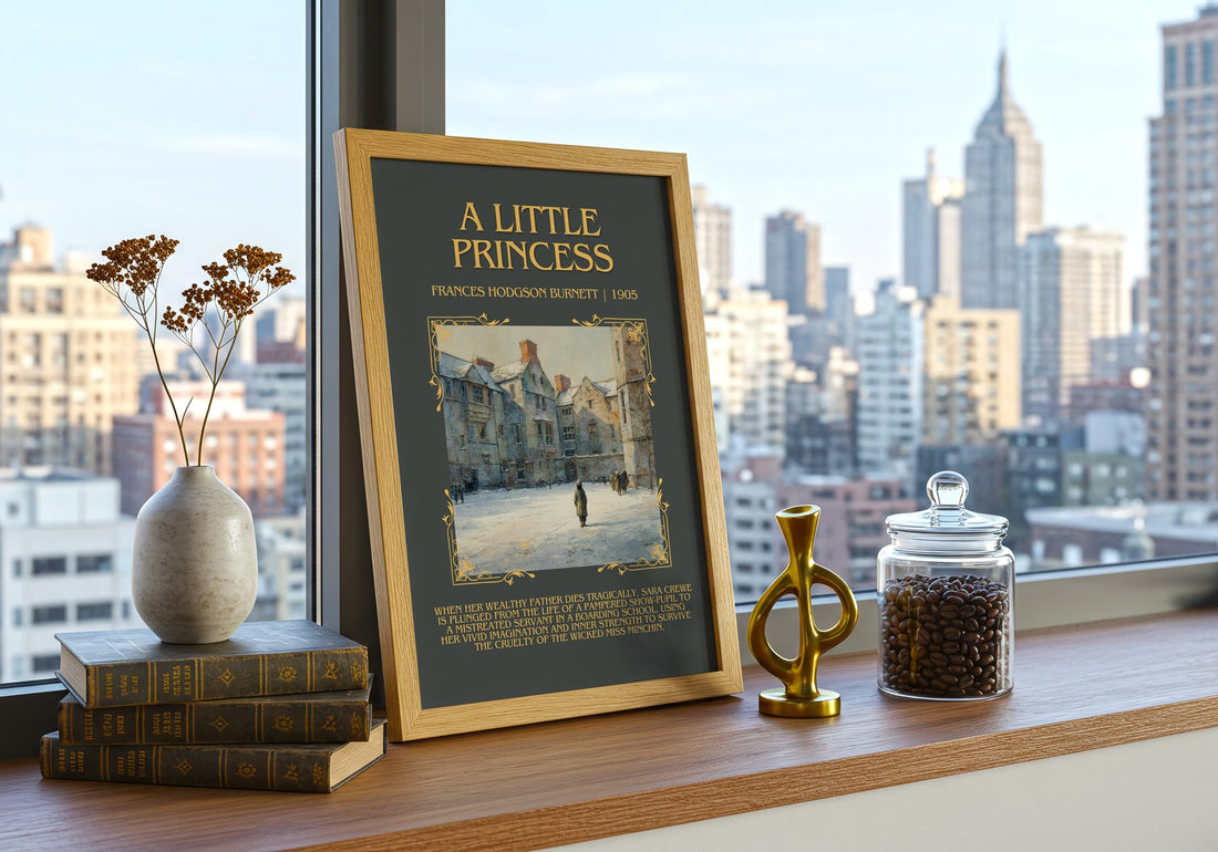 A Little Princess Minimalist Book Poster by Frances Hodgson Burnett – framed print on a city-view windowsill