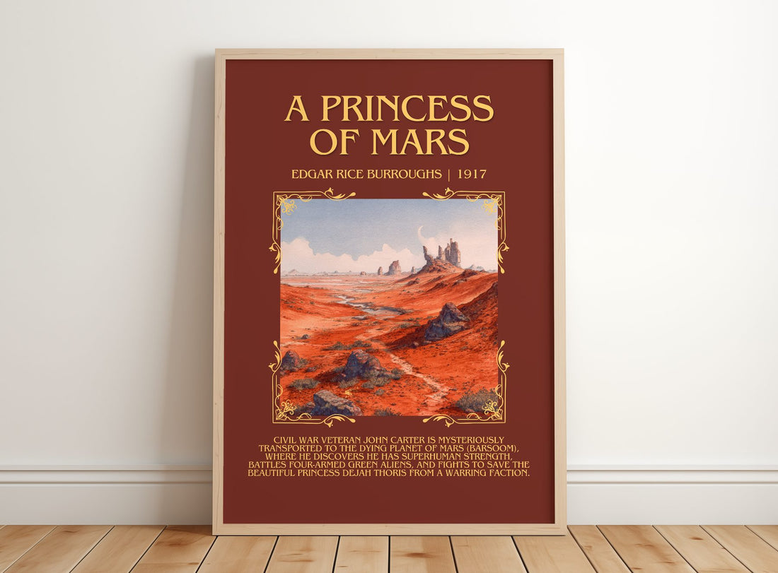 A Princess Of Mars Minimalist Book Poster by Edgar Rice Burroughs – framed print leaning on a wooden floor