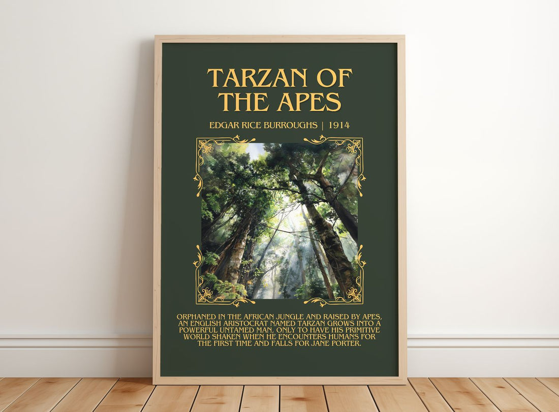 Tarzan Of The Apes Minimalist Book Poster by Edgar Rice Burroughs – framed print leaning on a wooden floor