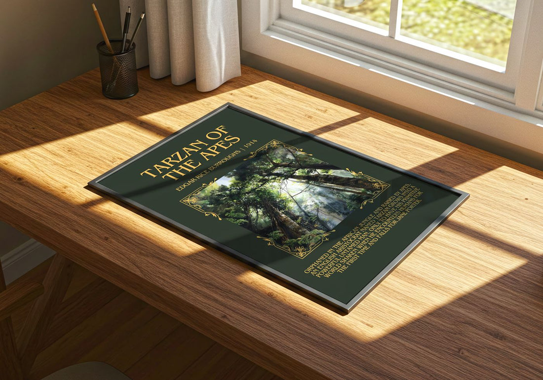 Tarzan Of The Apes Minimalist Book Poster by Edgar Rice Burroughs – print on a sunlit desk