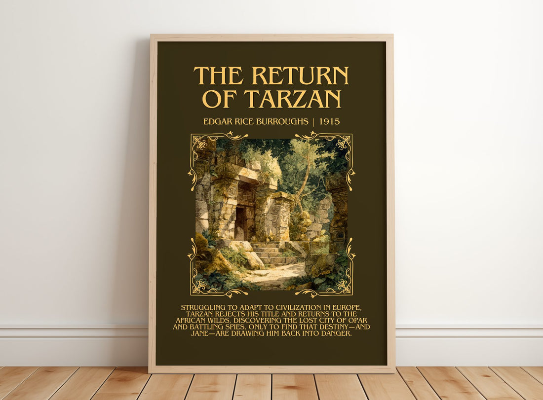 The Return Of Tarzan Minimalist Book Poster by Edgar Rice Burroughs – framed print leaning on a wooden floor