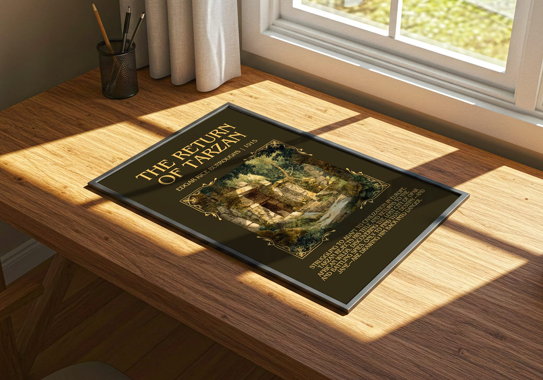 The Return Of Tarzan Minimalist Book Poster by Edgar Rice Burroughs – print on a sunlit desk
