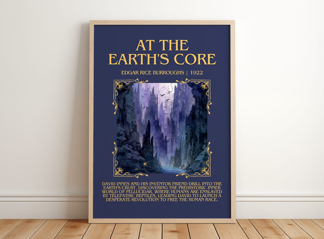 At The Earth'S Core Minimalist Book Poster by Edgar Rice Burroughs – framed print leaning on a wooden floor