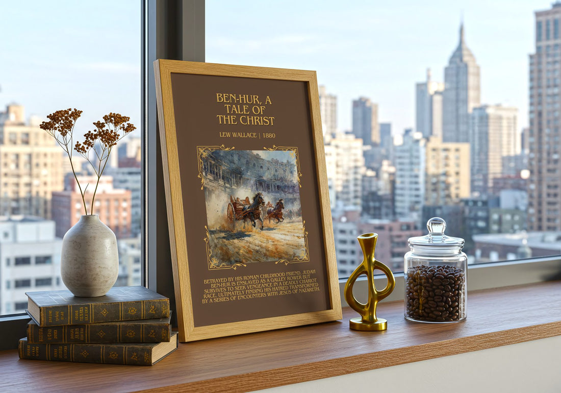 Ben-Hur, A Tale Of The Christ Minimalist Book Poster by Lew Wallace – framed print on a city-view windowsill
