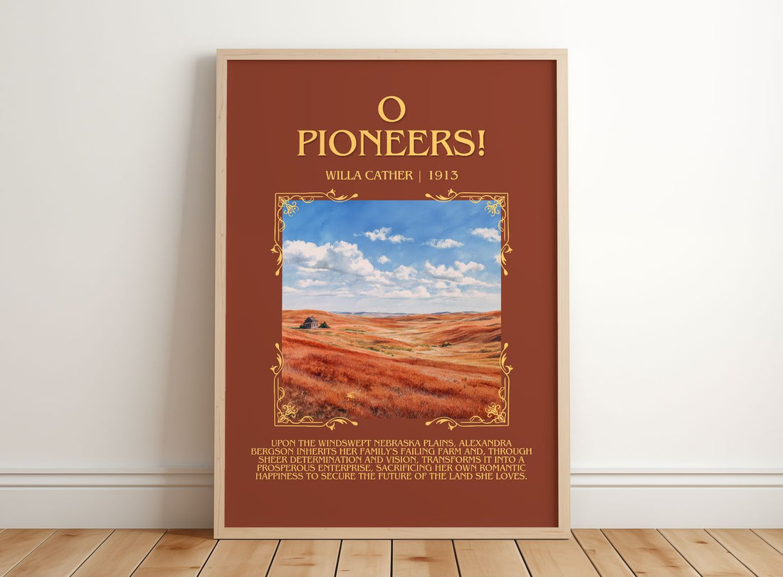 O Pioneers! Minimalist Book Poster by Willa Cather – framed print leaning on a wooden floor