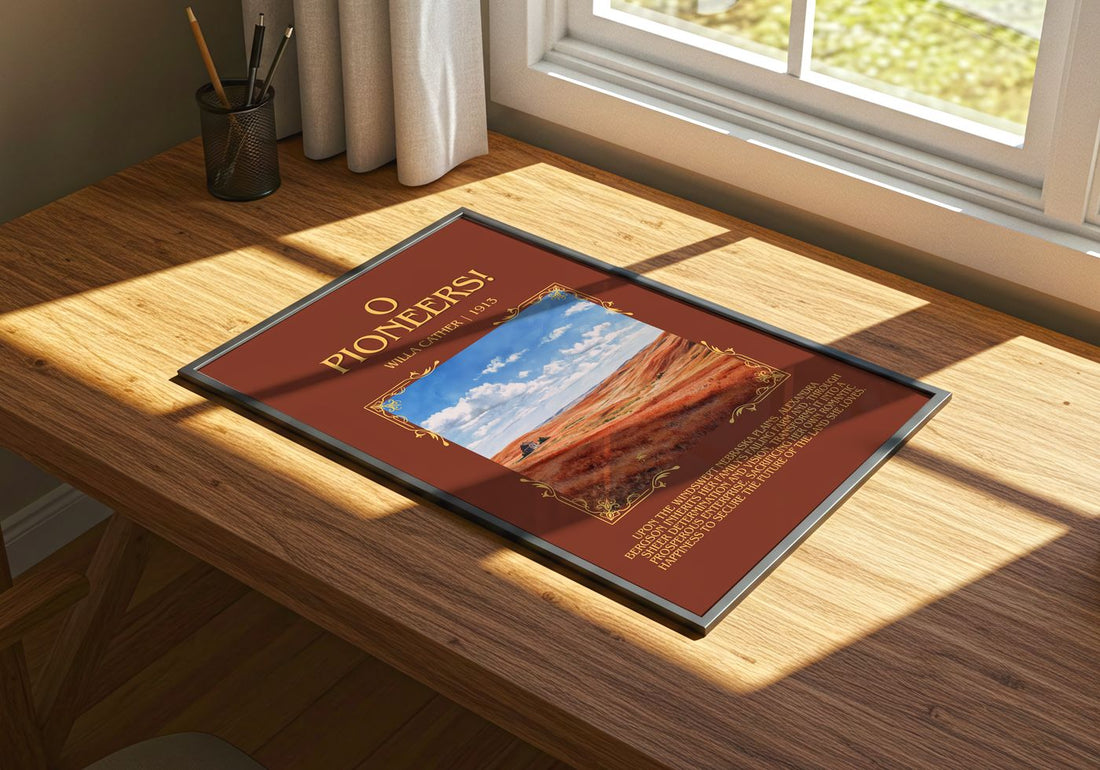 O Pioneers! Minimalist Book Poster by Willa Cather – print on a sunlit desk
