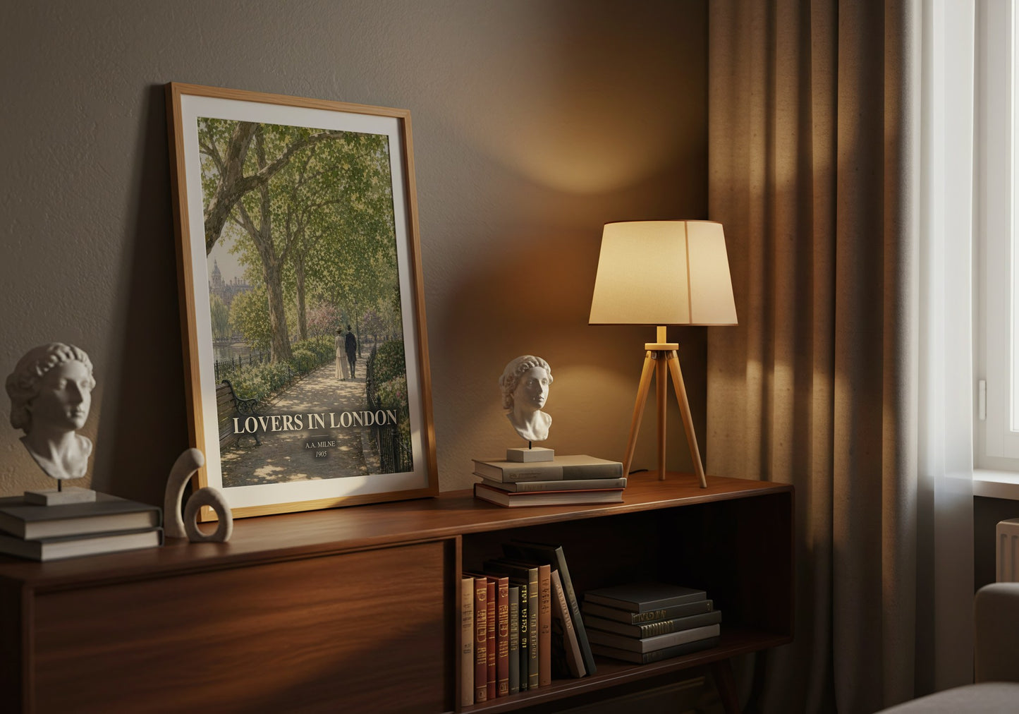 Lovers In London watercolour print on bookshelf – A.A. Milne fan gift