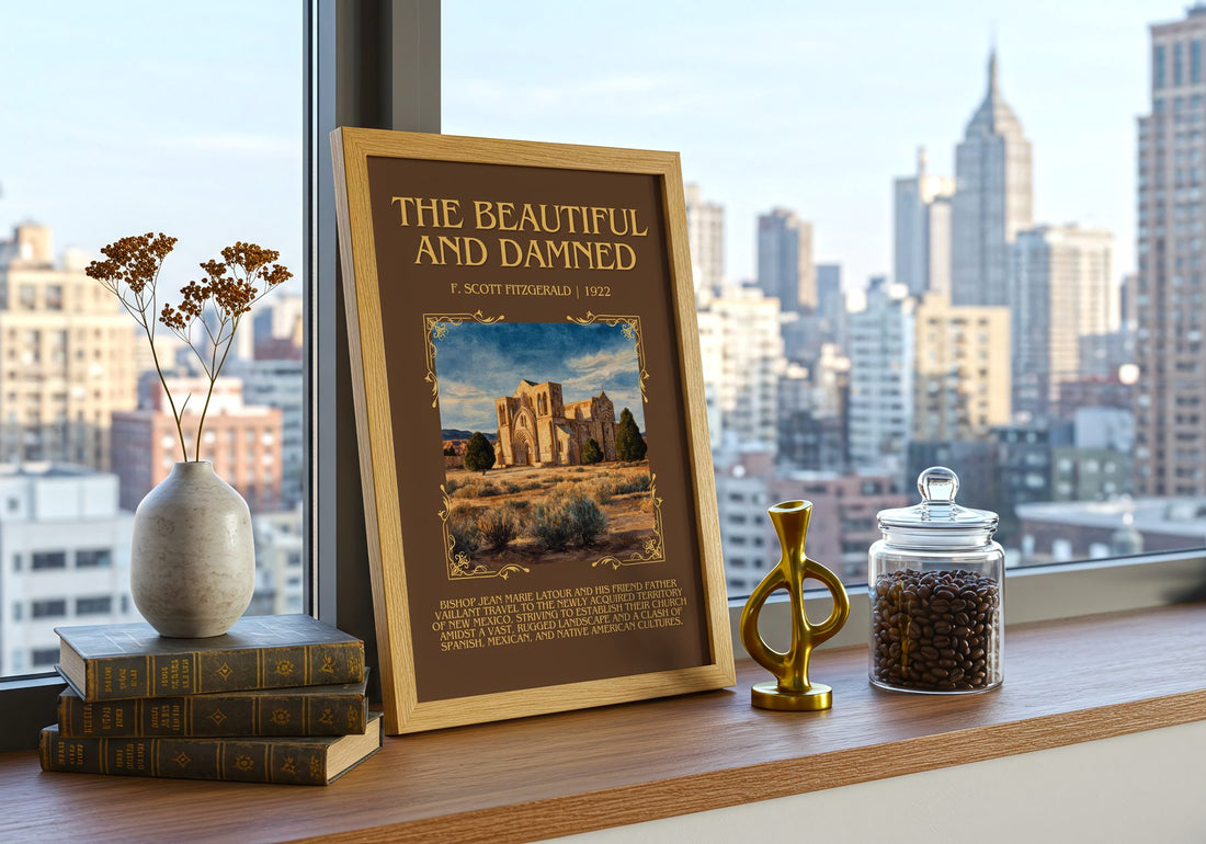 The Beautiful And Damned Minimalist Book Poster by F. Scott Fitzgerald – framed print on a city-view windowsill