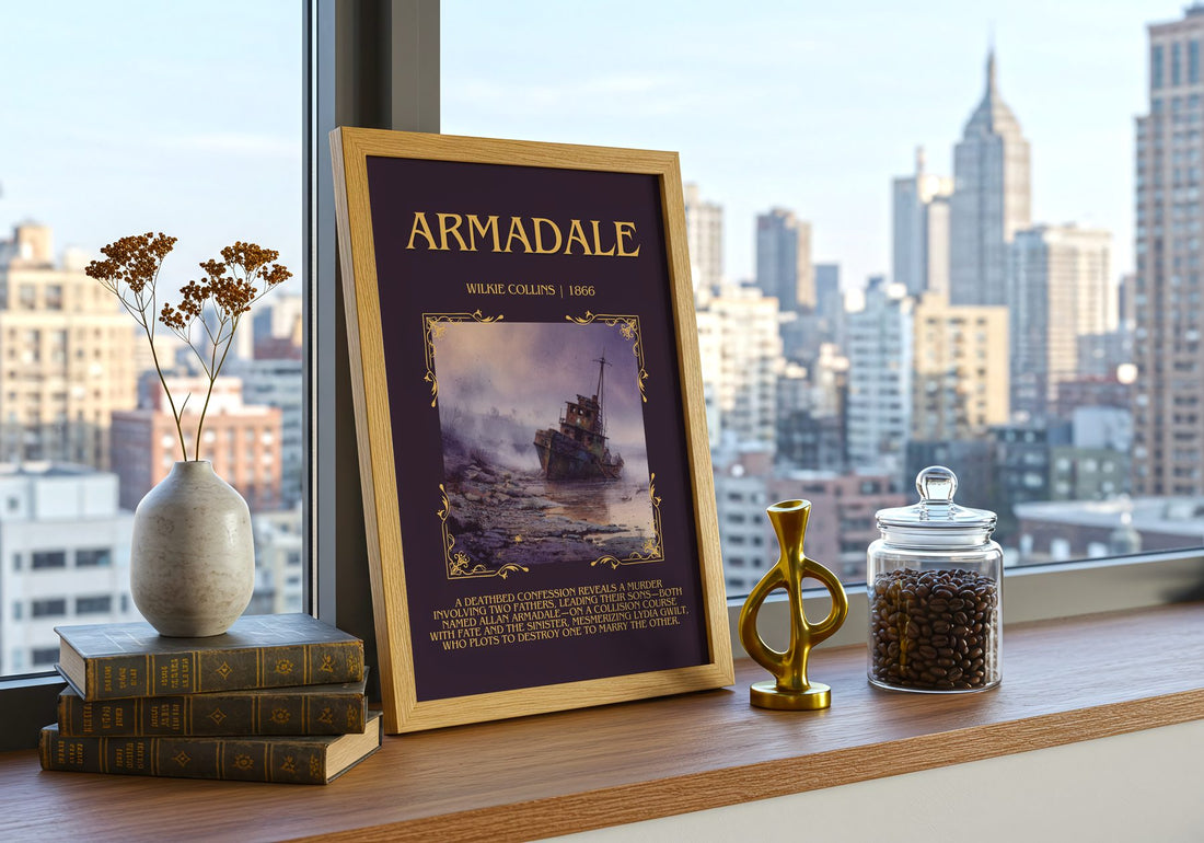 Armadale Minimalist Book Poster by Wilkie Collins – framed print on a city-view windowsill