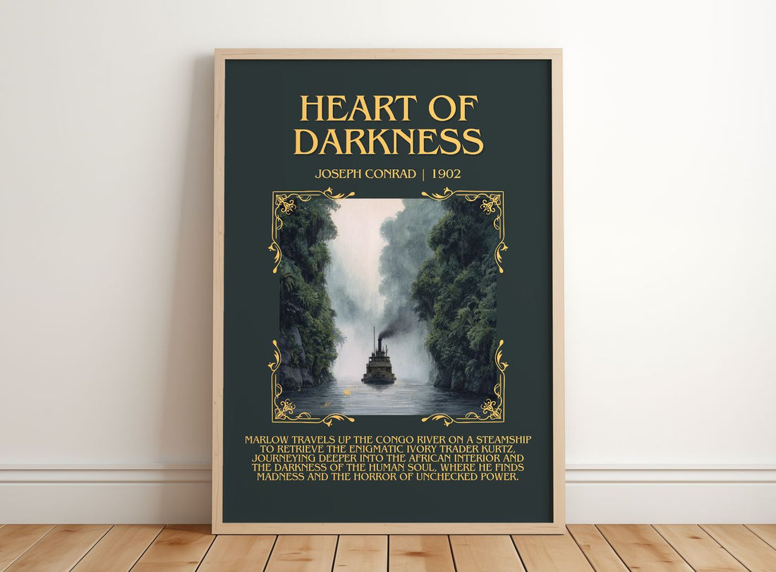 Heart Of Darkness Minimalist Book Poster by Joseph Conrad – framed print leaning on a wooden floor