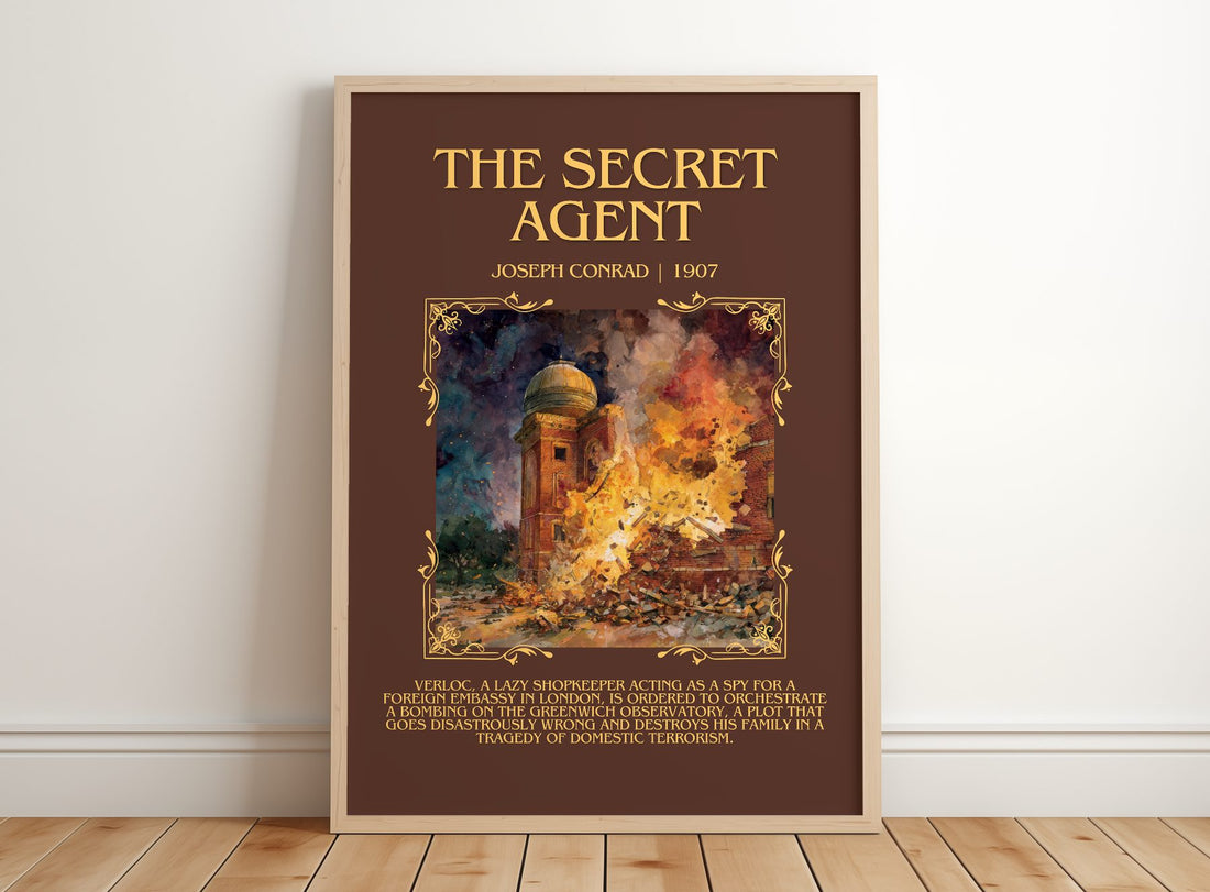The Secret Agent Minimalist Book Poster by Joseph Conrad – framed print leaning on a wooden floor