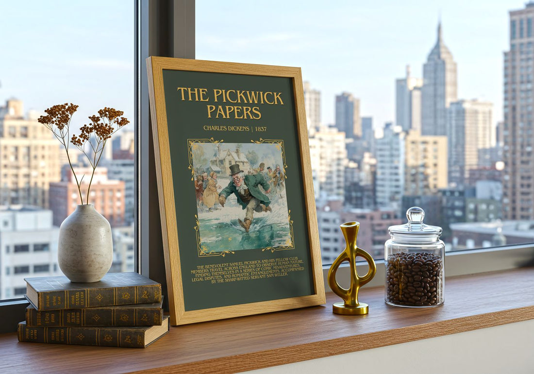 The Pickwick Papers Minimalist Book Poster by Charles Dickens – framed print on a city-view windowsill