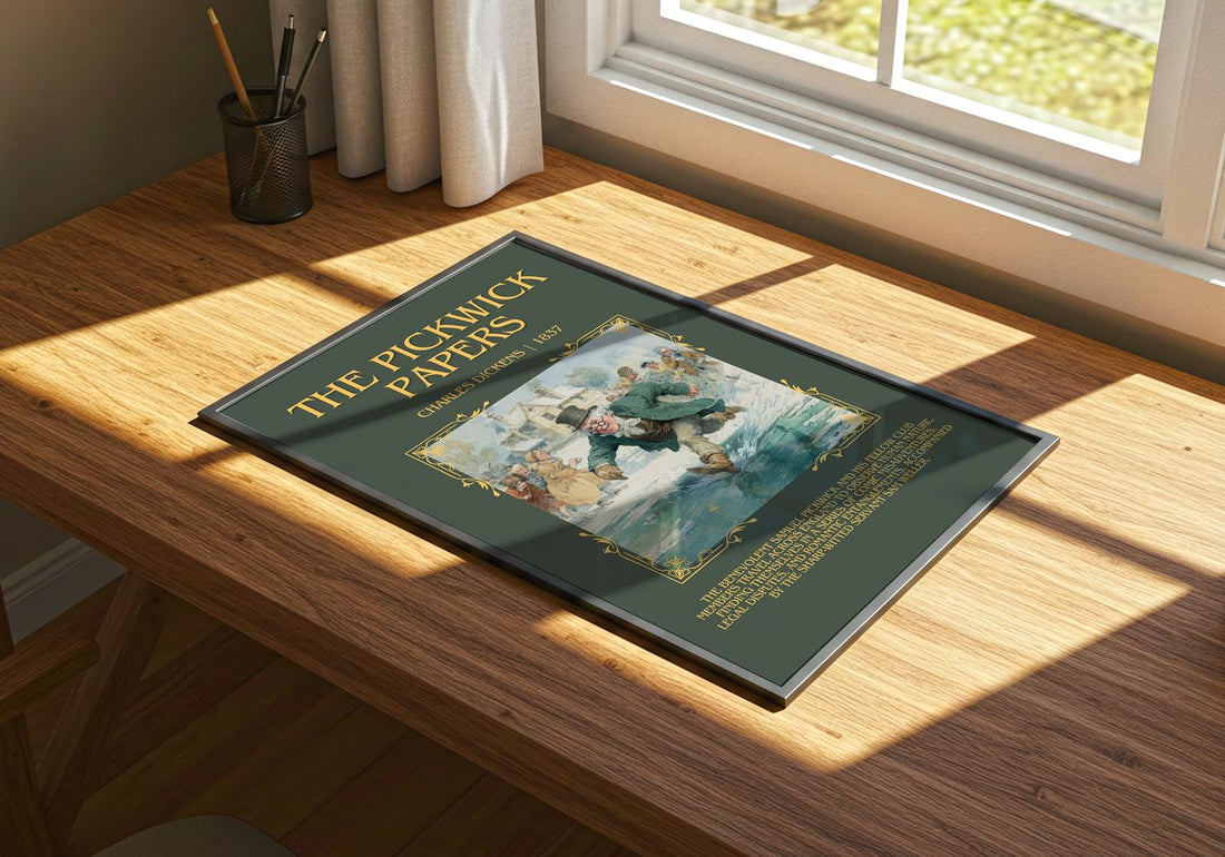 The Pickwick Papers Minimalist Book Poster by Charles Dickens – print on a sunlit desk