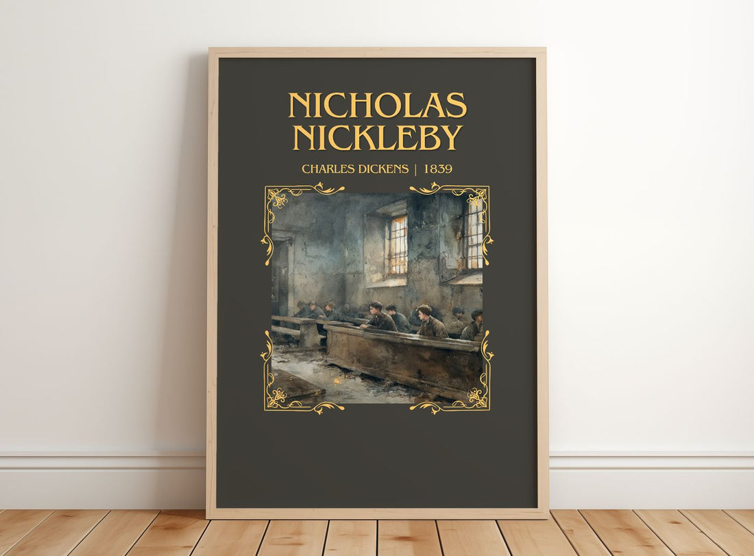 Nicholas Nickleby Minimalist Book Poster by Charles Dickens – framed print leaning on a wooden floor
