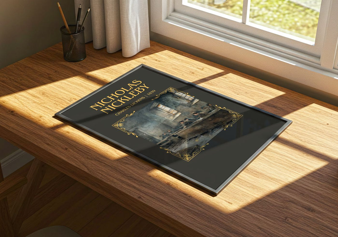 Nicholas Nickleby Minimalist Book Poster by Charles Dickens – print on a sunlit desk