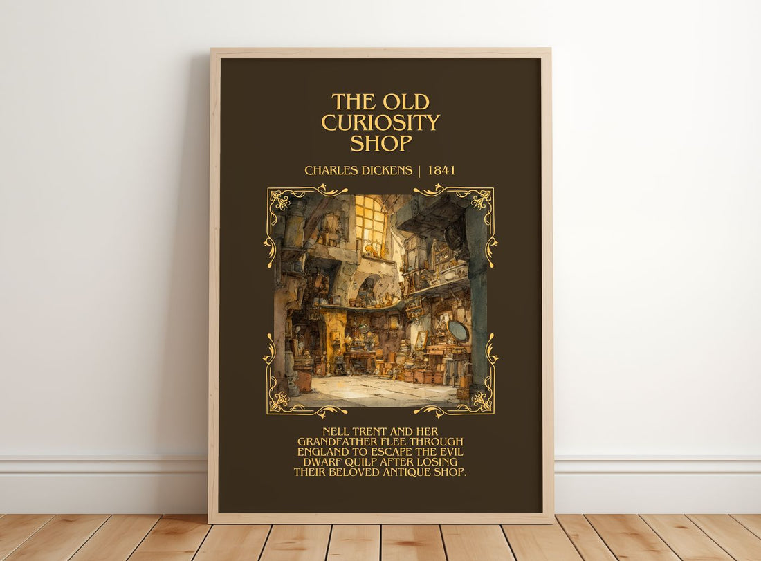 The Old Curiosity Shop Minimalist Book Poster by Charles Dickens – framed print leaning on a wooden floor