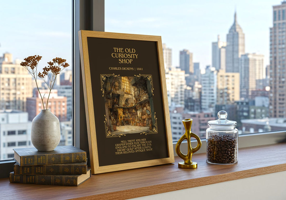 The Old Curiosity Shop Minimalist Book Poster by Charles Dickens – framed print on a city-view windowsill