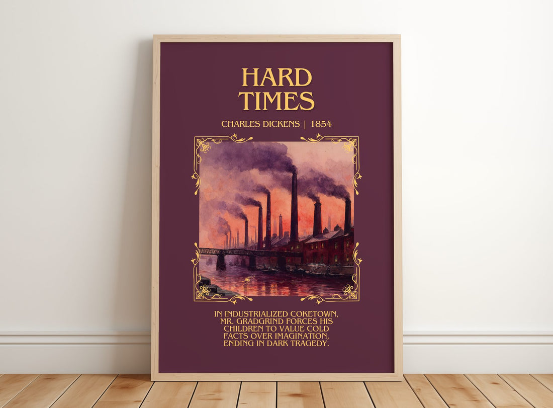 Hard Times Minimalist Book Poster by Charles Dickens – framed print leaning on a wooden floor