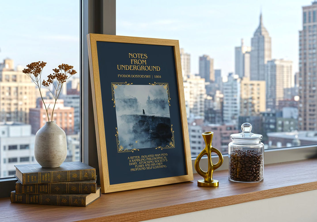 Notes From Underground Minimalist Book Poster by Fyodor Dostoevsky – framed print on a city-view windowsill
