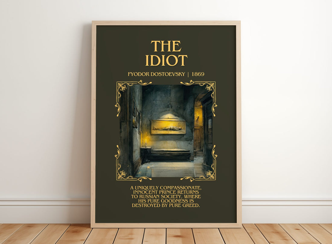 The Idiot Minimalist Book Poster by Fyodor Dostoevsky – framed print leaning on a wooden floor
