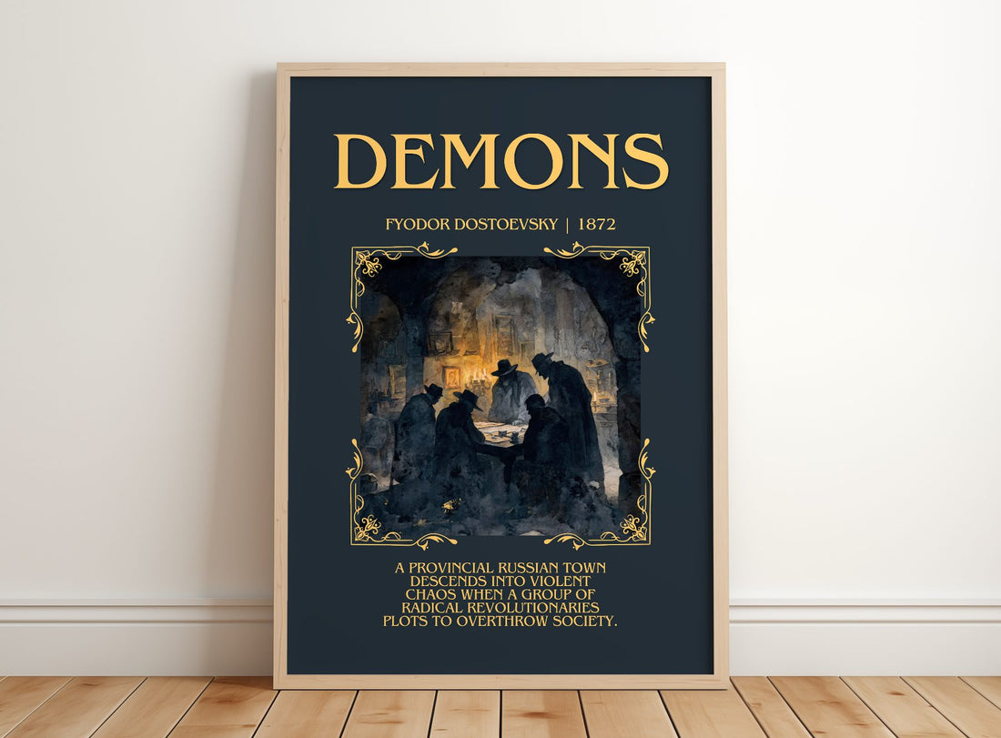 Demons Minimalist Book Poster by Fyodor Dostoevsky – framed print leaning on a wooden floor
