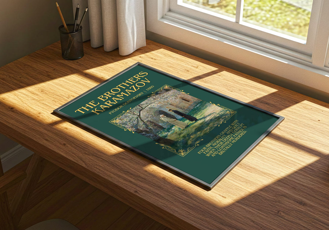 The Brothers Karamazov Minimalist Book Poster by Fyodor Dostoevsky – print on a sunlit desk