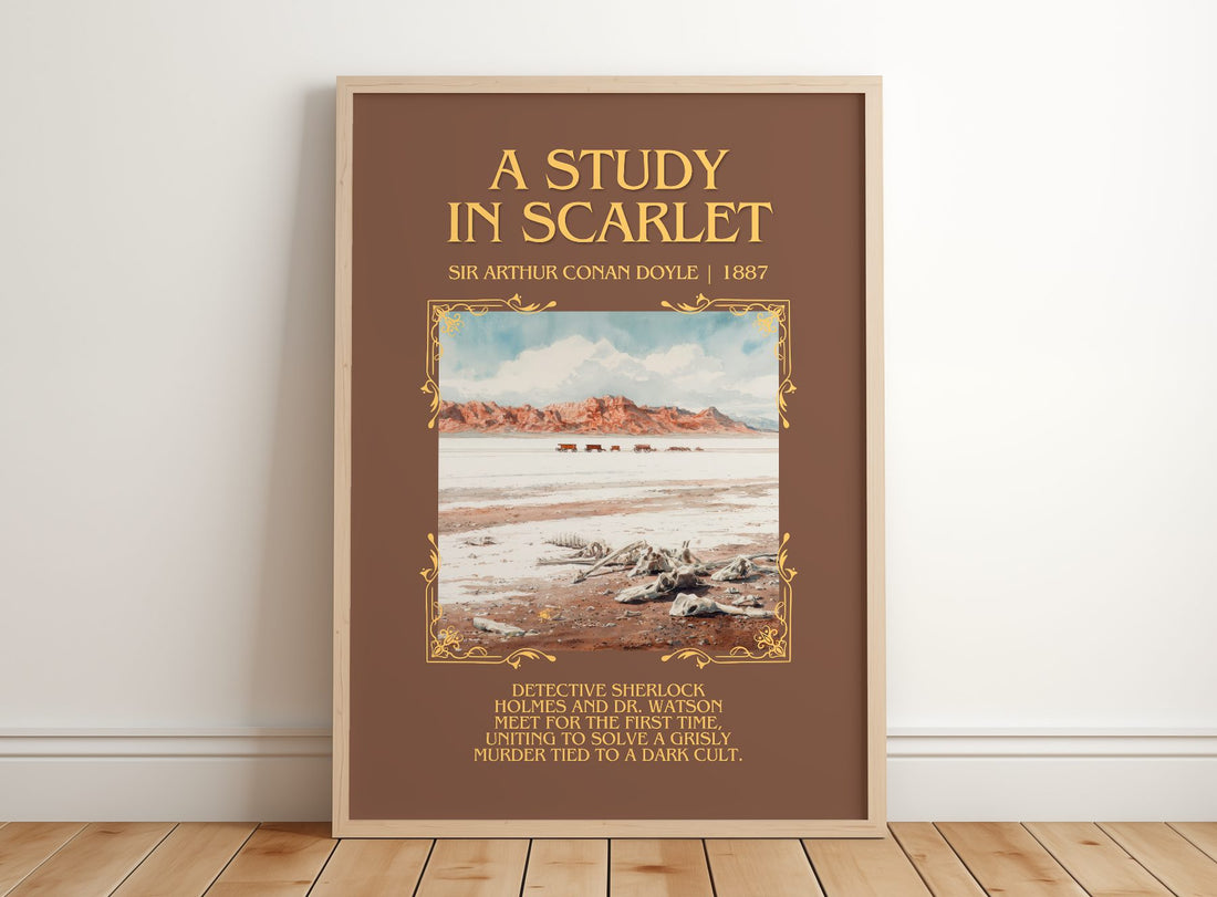 A Study In Scarlet Minimalist Book Poster by Sir Arthur Conan Doyle – framed print leaning on a wooden floor