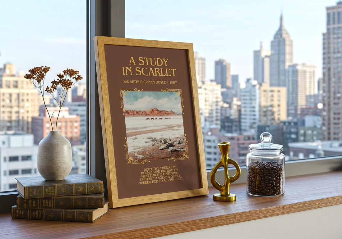 A Study In Scarlet Minimalist Book Poster by Sir Arthur Conan Doyle – framed print on a city-view windowsill