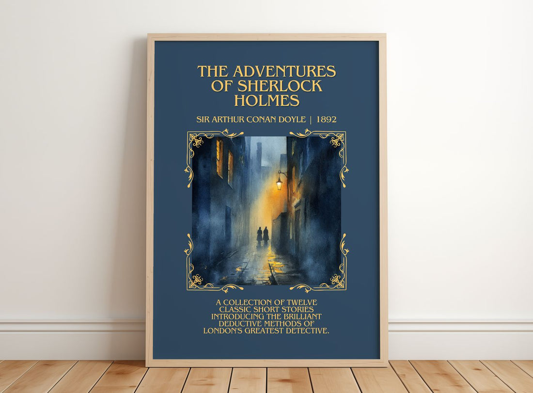Adventures Of Sherlock Holmes Minimalist Book Poster by S. Doyle – framed print leaning on a wooden floor