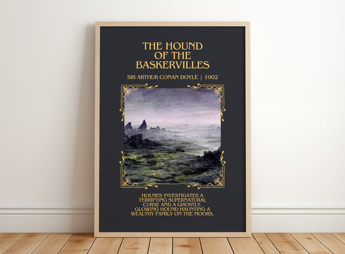 Hound Of The Baskervilles Minimalist Book Poster by S. Doyle – framed print leaning on a wooden floor