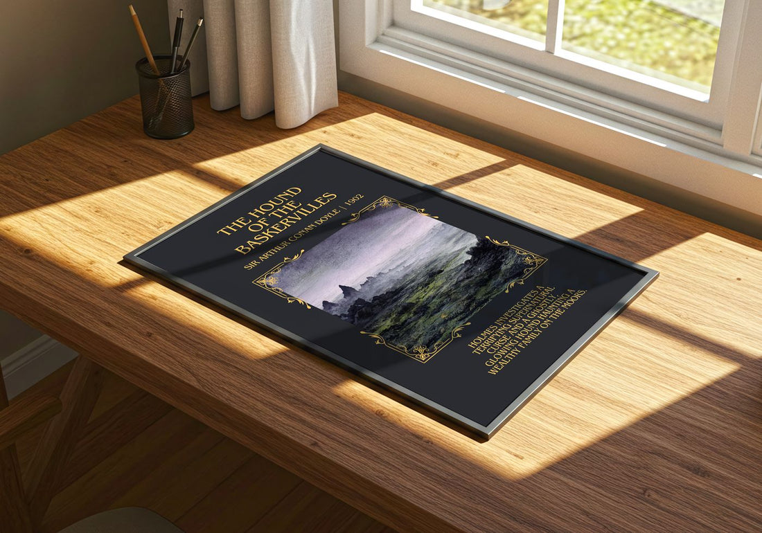 Hound Of The Baskervilles Minimalist Book Poster by S. Doyle – print on a sunlit desk