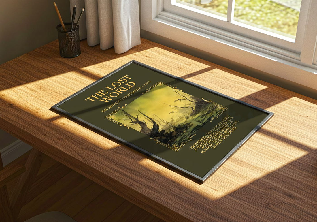 The Lost World Minimalist Book Poster by Sir Arthur Conan Doyle – print on a sunlit desk