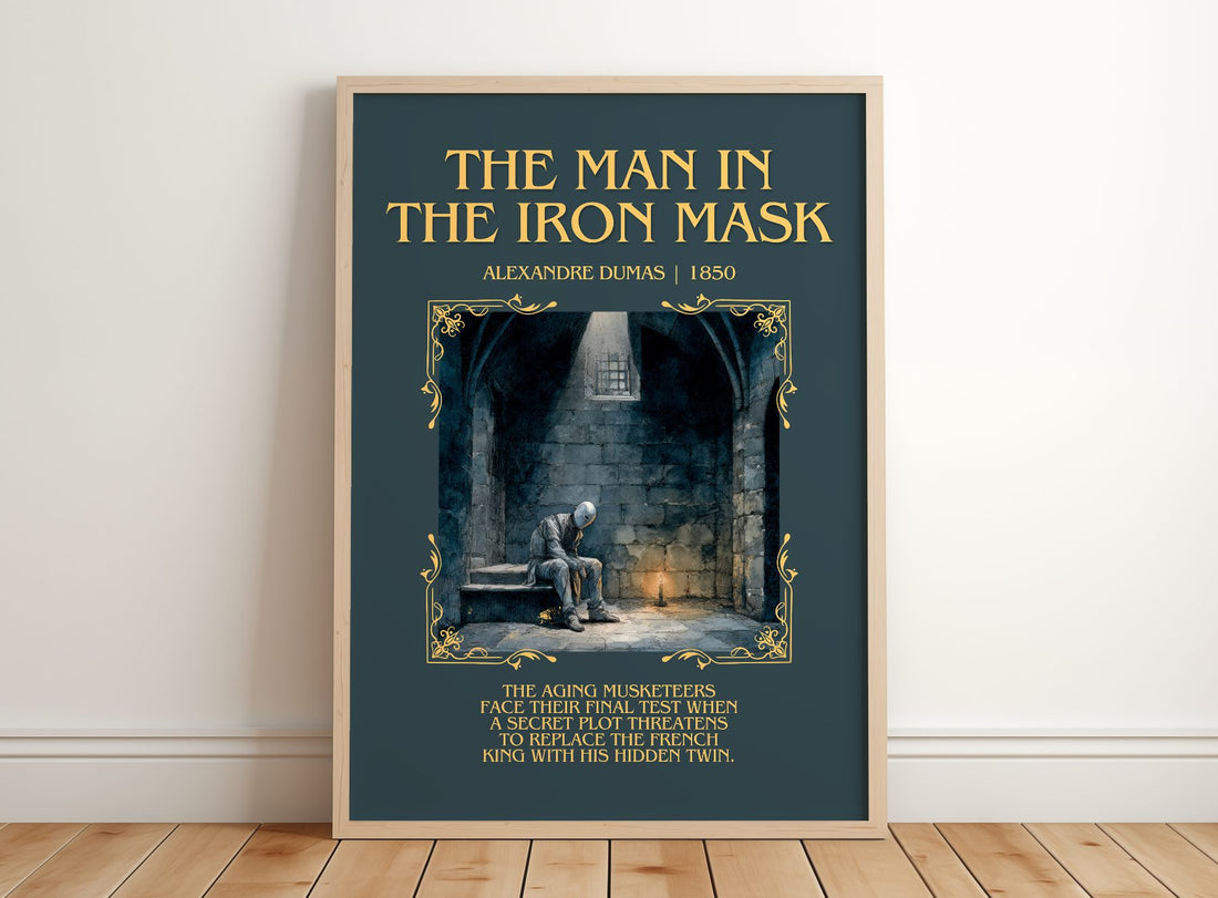 The Man In The Iron Mask Minimalist Book Poster by Alexandre Dumas – framed print leaning on a wooden floor