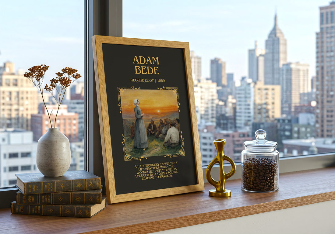 Adam Bede Minimalist Book Poster by George Eliot – framed print on a city-view windowsill