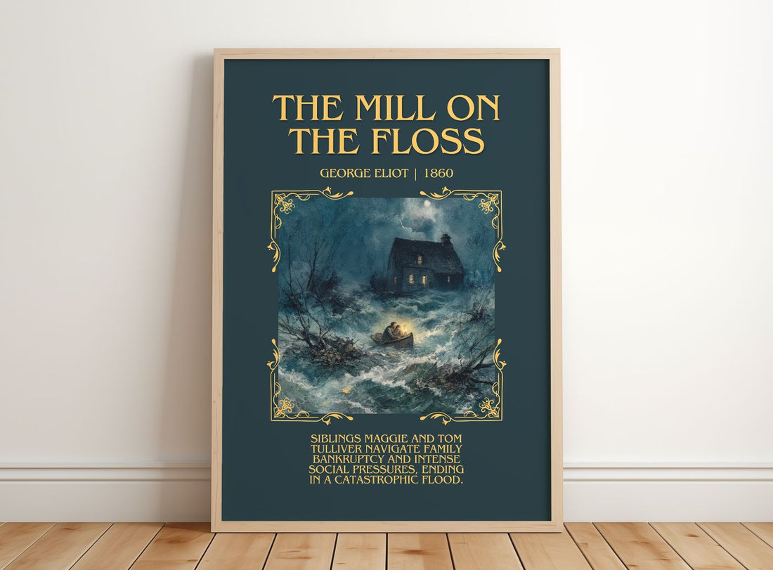 The Mill On The Floss Minimalist Book Poster by George Eliot – framed print leaning on a wooden floor