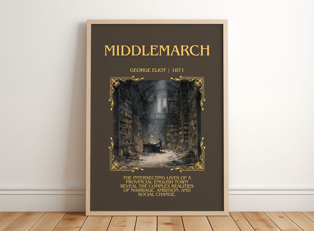 Middlemarch Minimalist Book Poster by George Eliot – framed print leaning on a wooden floor