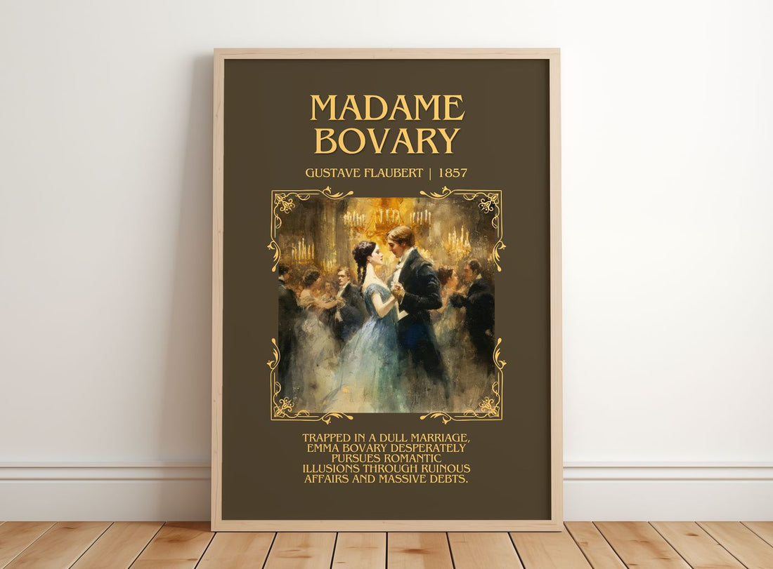 Madame Bovary Minimalist Book Poster by Gustave Flaubert – framed print leaning on a wooden floor