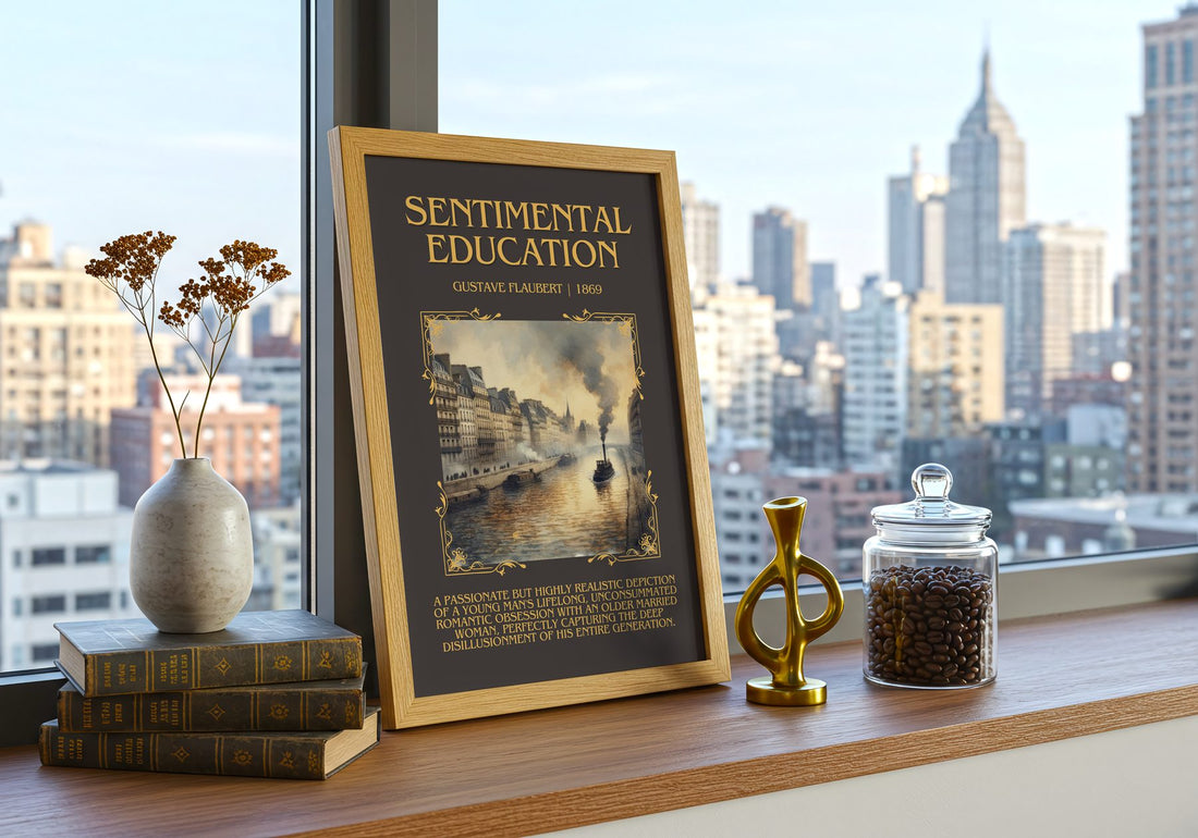 Sentimental Education Minimalist Book Poster by Gustave Flaubert – framed print on a city-view windowsill