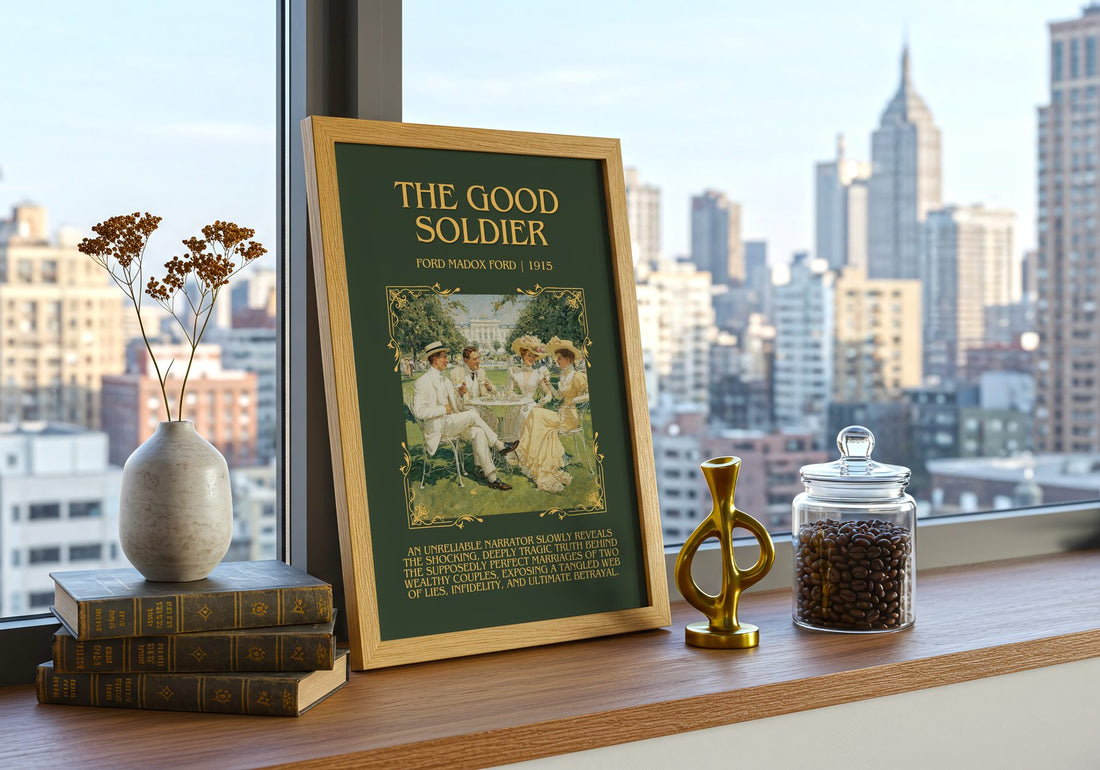 The Good Soldier Minimalist Book Poster by Ford Madox Ford – framed print on a city-view windowsill
