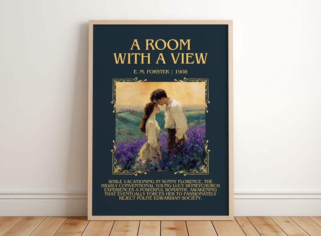 A Room With A View Minimalist Book Poster by E. M. Forster – framed print leaning on a wooden floor