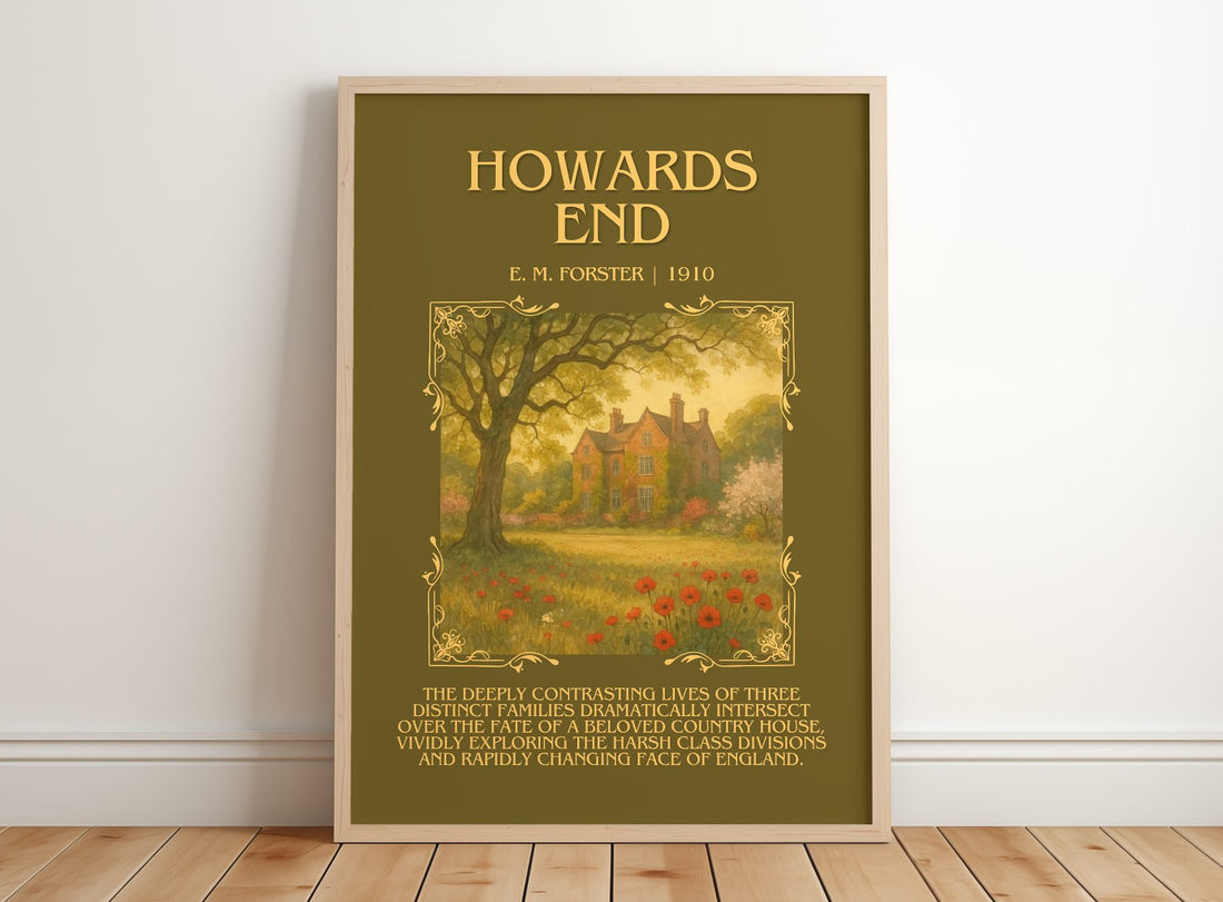 Howards End Minimalist Book Poster by E. M. Forster – framed print leaning on a wooden floor