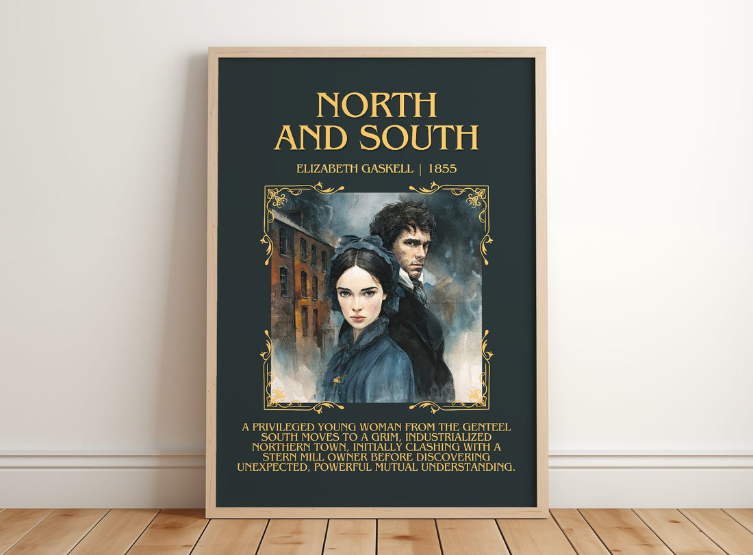 North And South Minimalist Book Poster by Elizabeth Gaskell – framed print leaning on a wooden floor