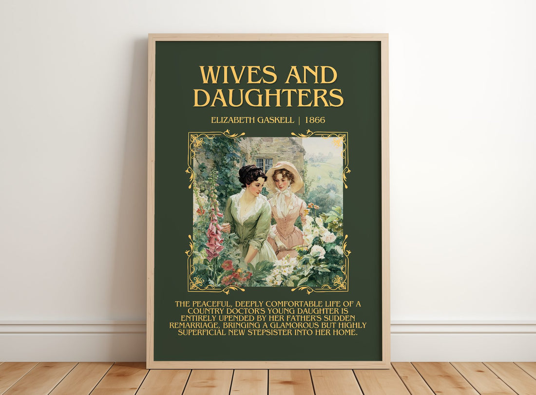 Wives And Daughters Minimalist Book Poster by Elizabeth Gaskell – framed print leaning on a wooden floor
