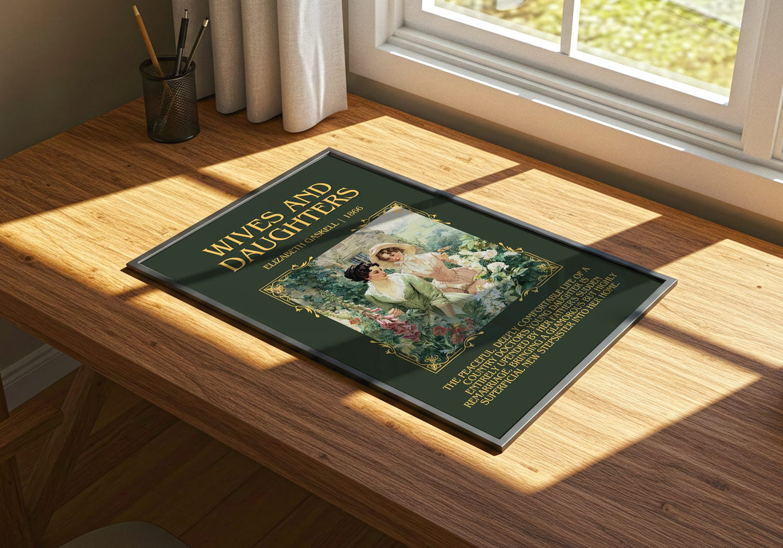 Wives And Daughters Minimalist Book Poster by Elizabeth Gaskell – print on a sunlit desk