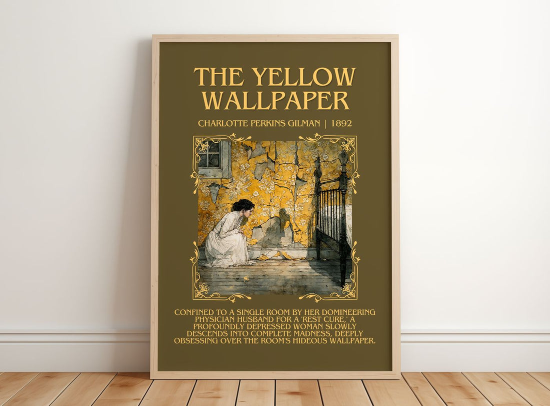 Yellow Wallpaper Minimalist Book Poster by Charlotte Perkins Gilman – framed print leaning on a wooden floor
