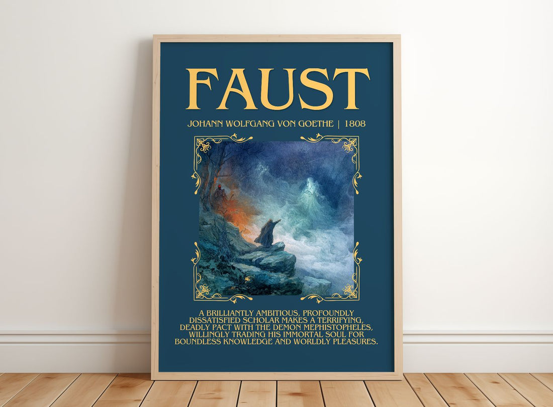 Faust Minimalist Book Poster by Johann Wolfgang Von Goethe – framed print leaning on a wooden floor