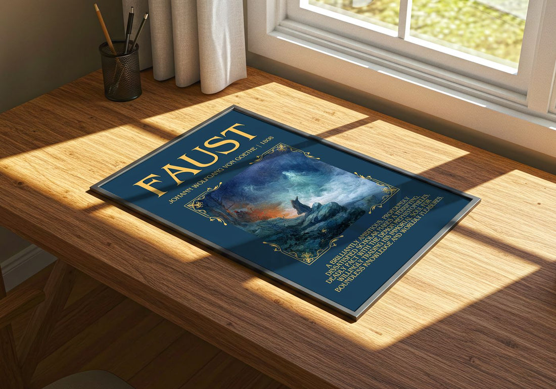 Faust Minimalist Book Poster by Johann Wolfgang Von Goethe – print on a sunlit desk