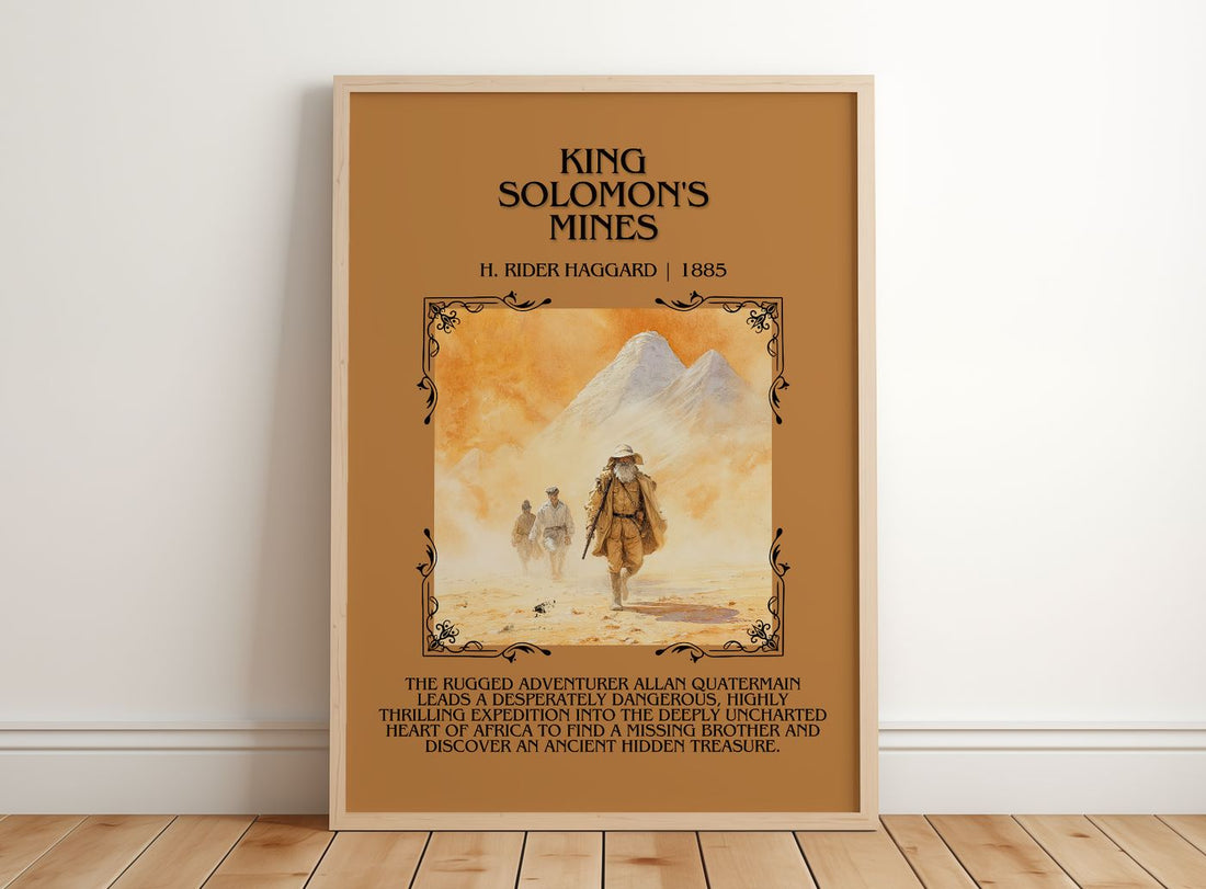 King Solomon'S Mines Minimalist Book Poster by H. Rider Haggard – framed print leaning on a wooden floor