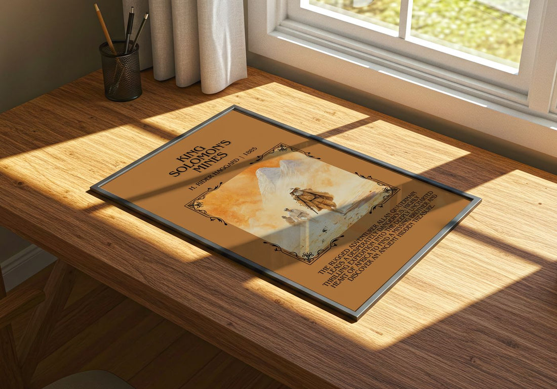 King Solomon'S Mines Minimalist Book Poster by H. Rider Haggard – print on a sunlit desk