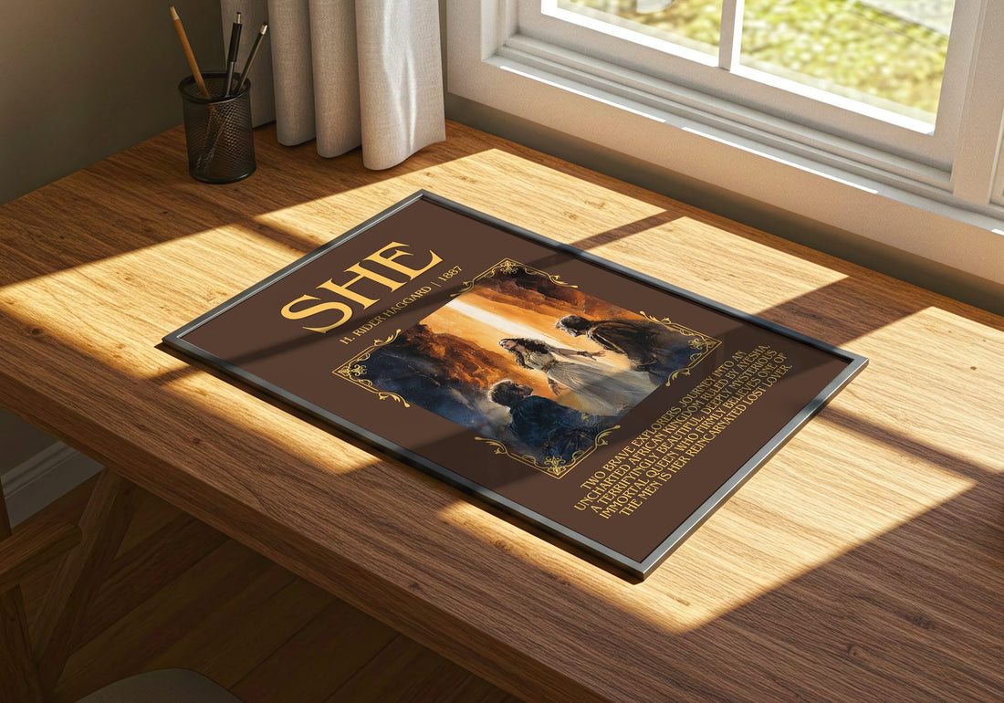 She Minimalist Book Poster by H. Rider Haggard – print on a sunlit desk